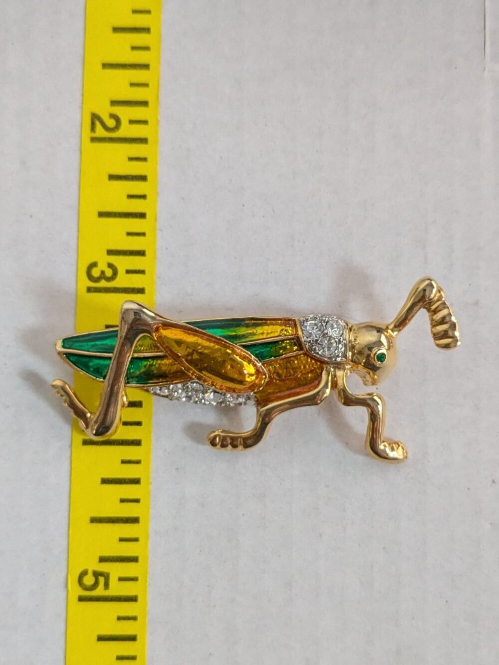 Vintage Gold Tone Rhinestone Enamel Grasshopper Insect Brooch Pin